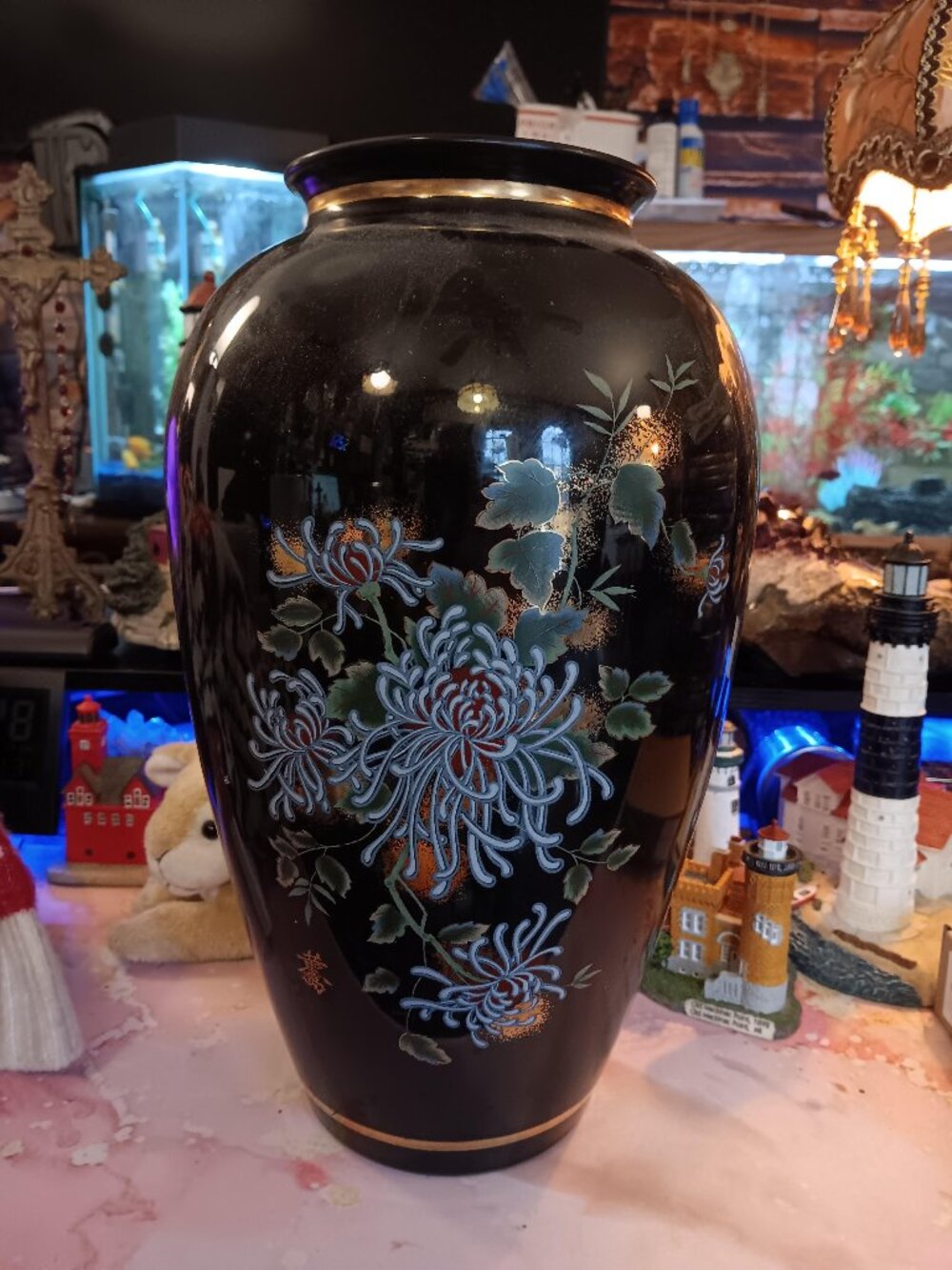 Vintage Japanese Vase Black Hand Painted Gold Trim Chrysanthemums STUNNING